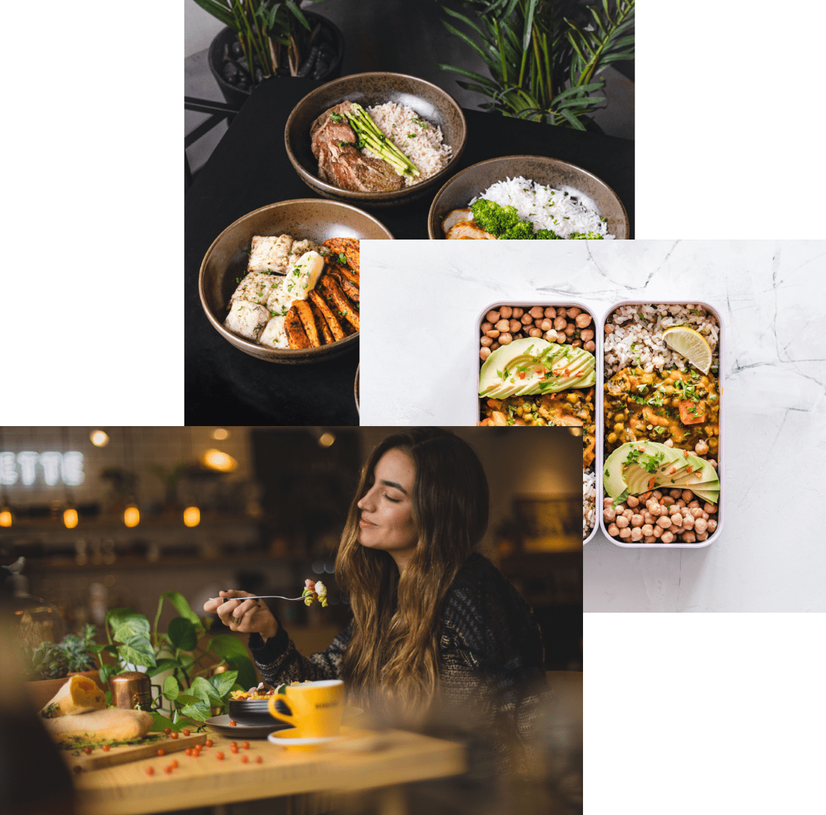 a woman enjoying food, meals in storage container and food bowls on a table